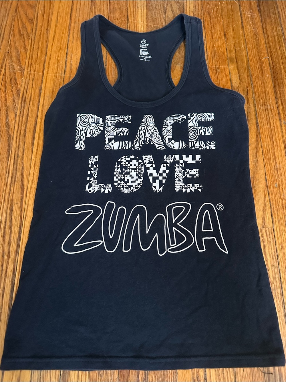Zumba Fitness Black Tank Top with White 'Peace Love Zumba' Graphic